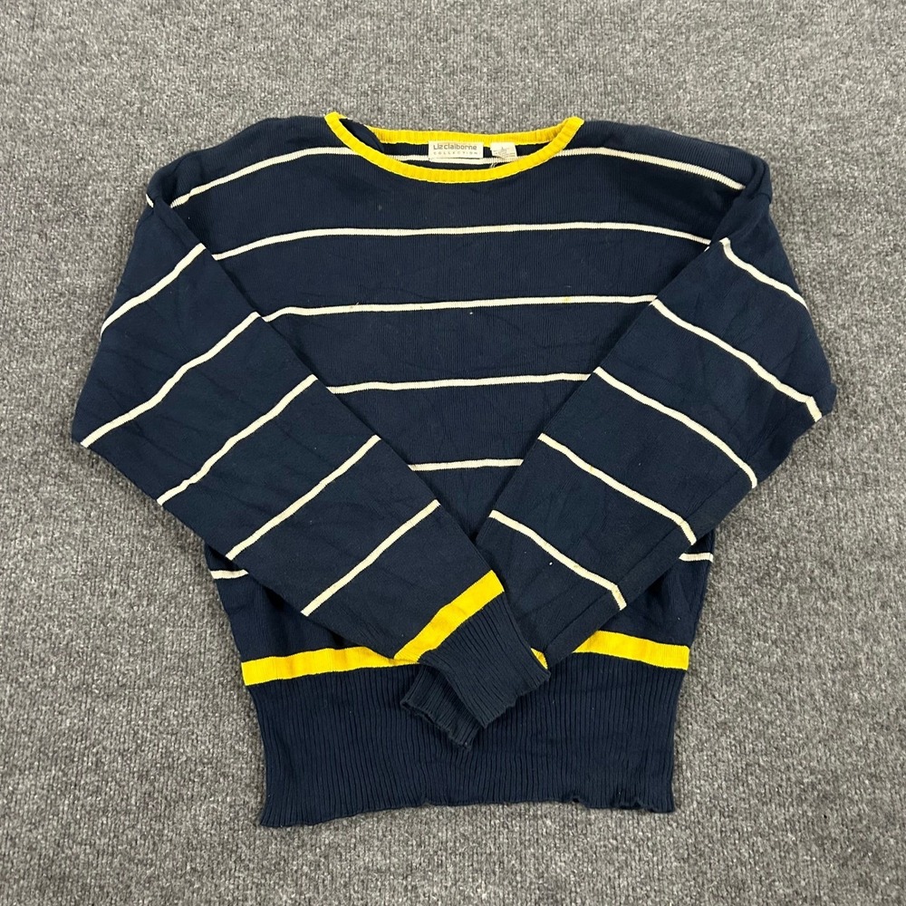 Liz Claiborne Sweater Womens Size L Navy Blue Striped Cotton Knit Crew Neck Good